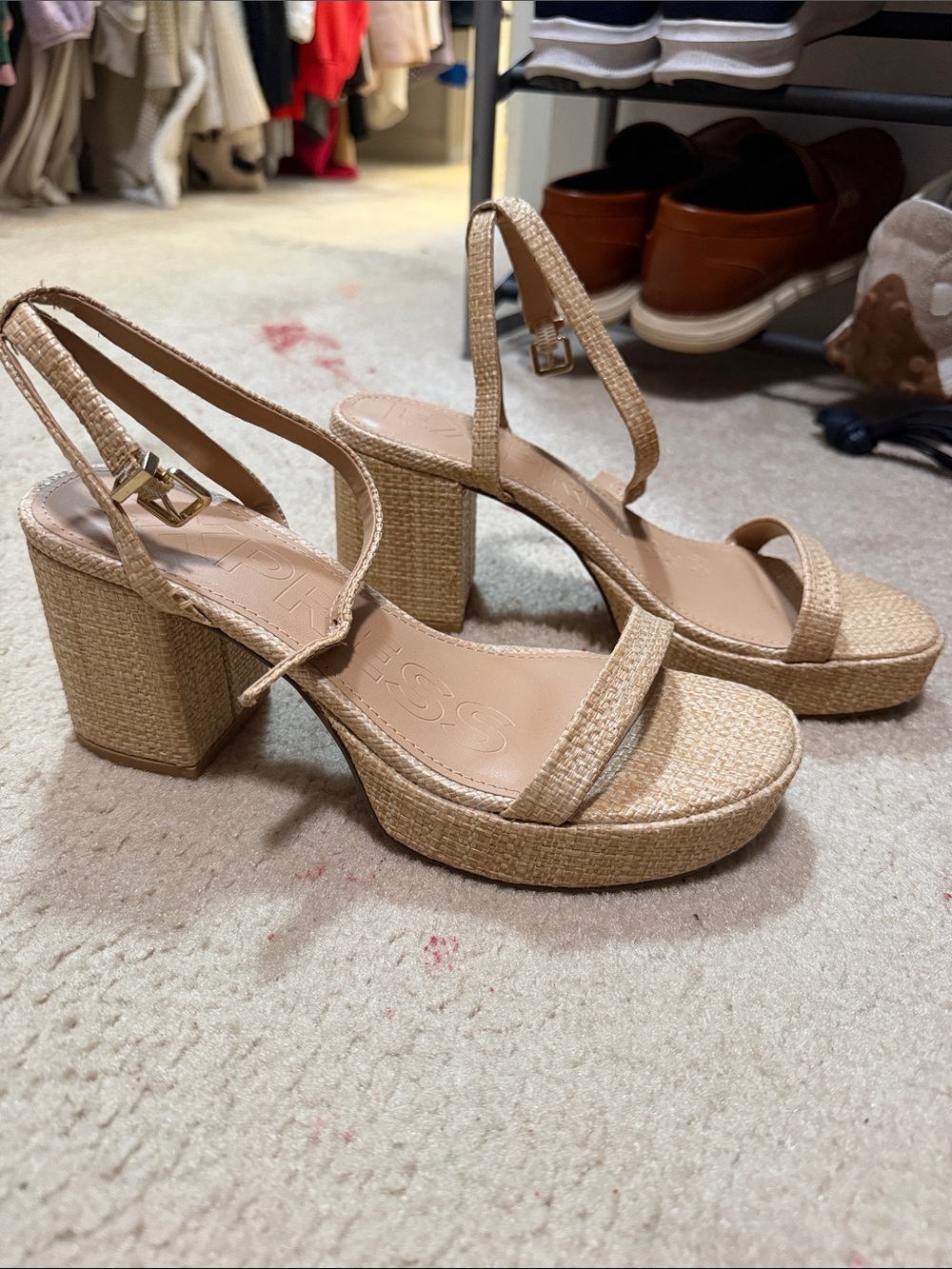 Express Beige Textured Platform Slingback Heels